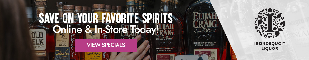 shelf of whiskey bottles with text: Save on your favorite spirits. View specials. Irondequoit Liquor