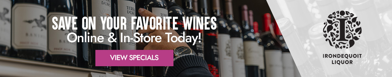 hand reaching for wine bottles on shelf, text: Save on your favorite wines view specials