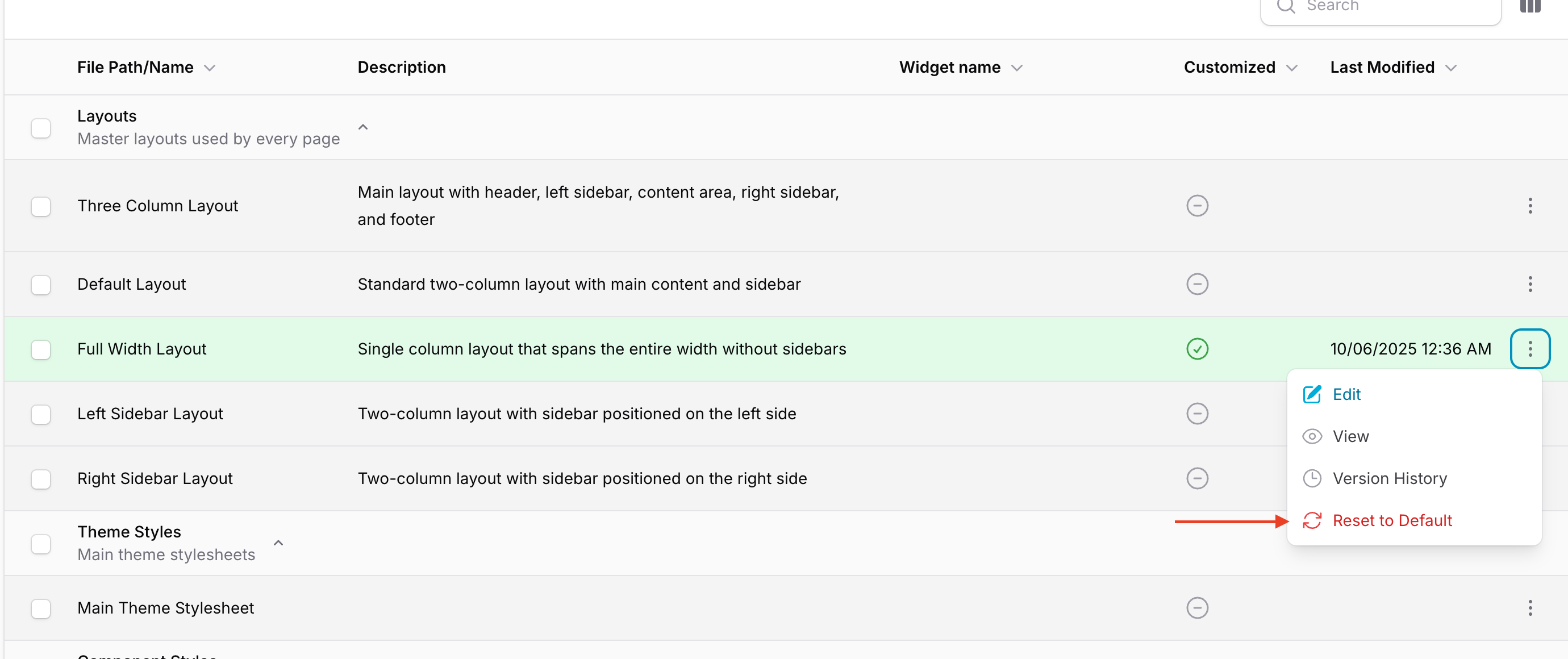 Screenshot showing how to reset theme file to default