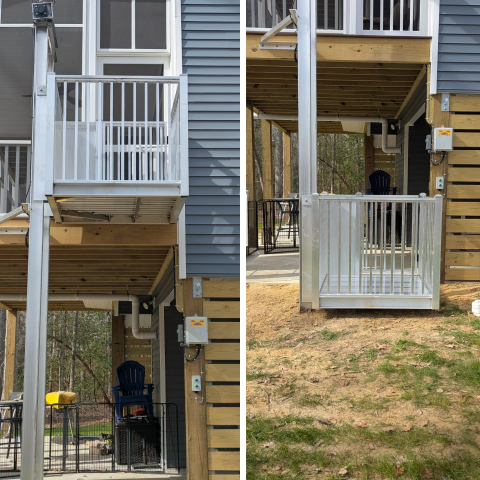 Side-by-side view of a house elevator lift attached to an outdoor patio with metal railings.