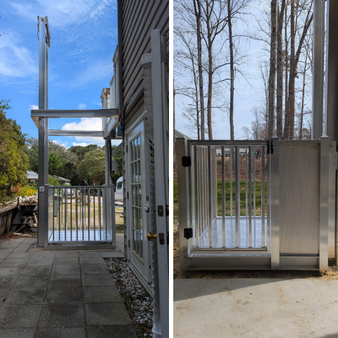 A residential outdoor wheelchair lift beside a house, shown raised and at ground level.
