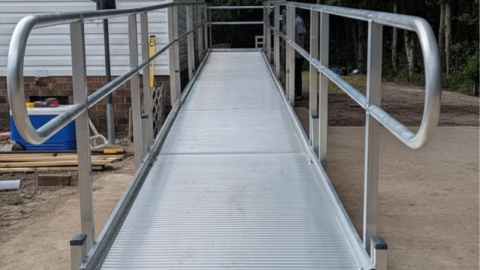 A metal wheelchair ramp with railings leads up to a building surrounded by dirt and trees.
