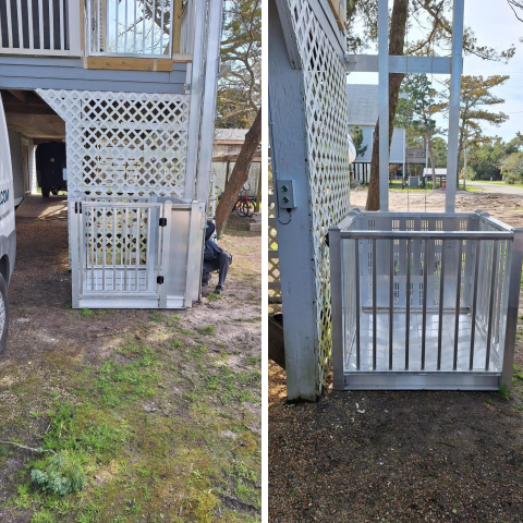 Two views of a small outdoor lift with a metal gate next to a raised house and porch.
