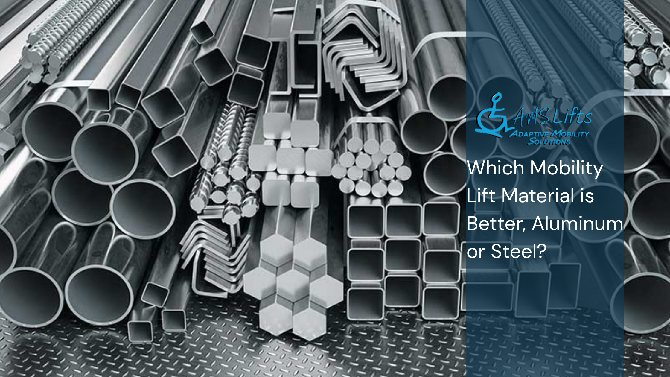 Various shapes of metal pipes and bars, with text asking about lift material: aluminum or steel.