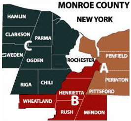 map of monroe county new york highlighting sheriff zones a b and c