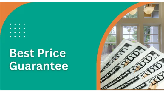 Best Price Guarantee text with hundred-dollar bills and a bright room in the background.