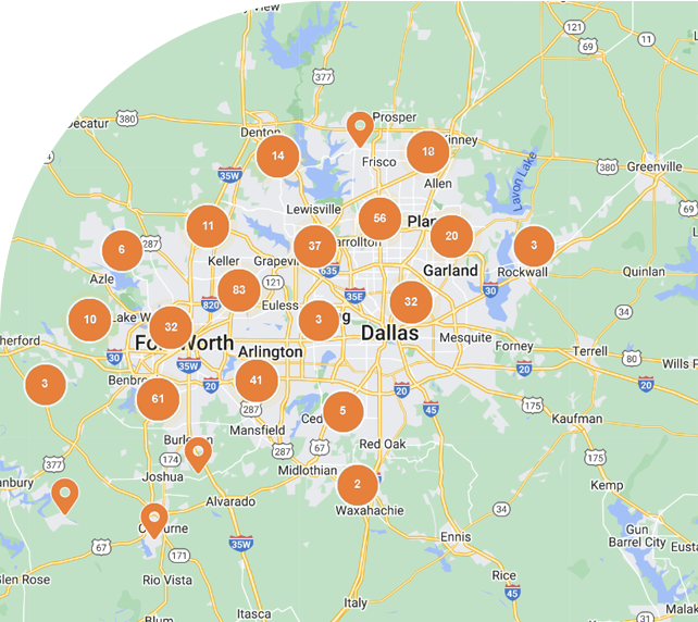 map of the Dallas-Fort Worth area with numbered orange markers indicating locations