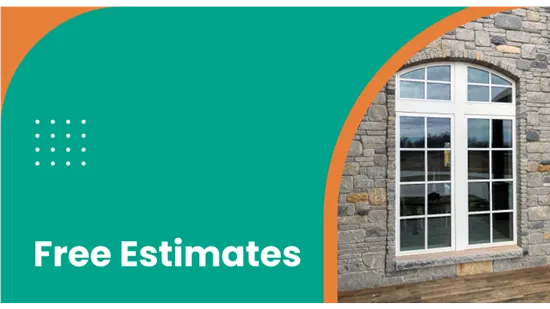 A decorative window with the text Free Estimates on a turquoise and orange background.