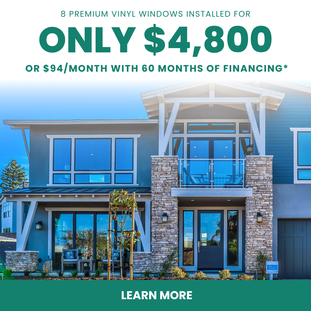 modern home with large windows; ad for vinyl window installation at 4,800 or 94/month