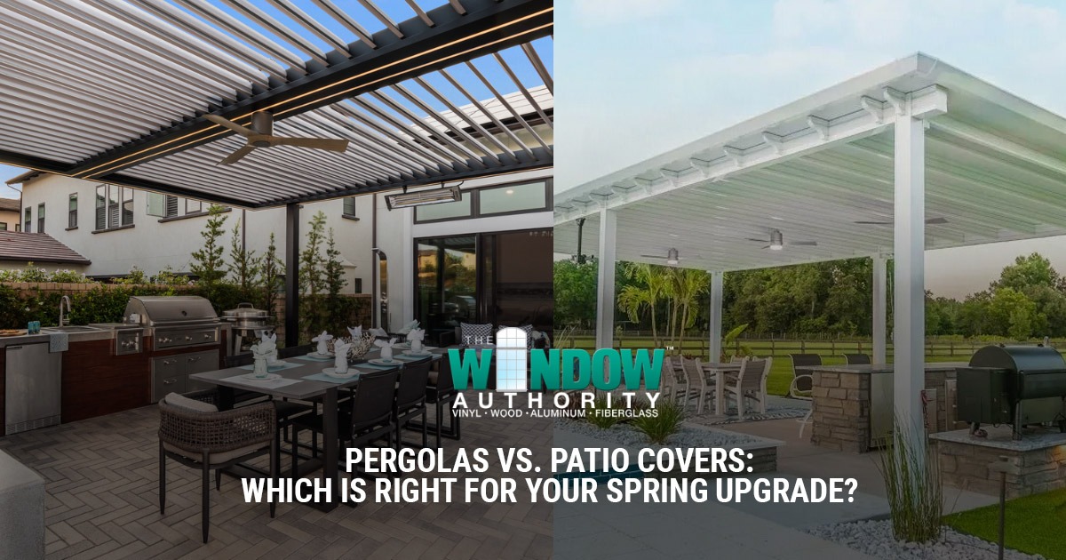 Split image: modern outdoor pergola on left, solid patio cover in yard on right, both with furniture.