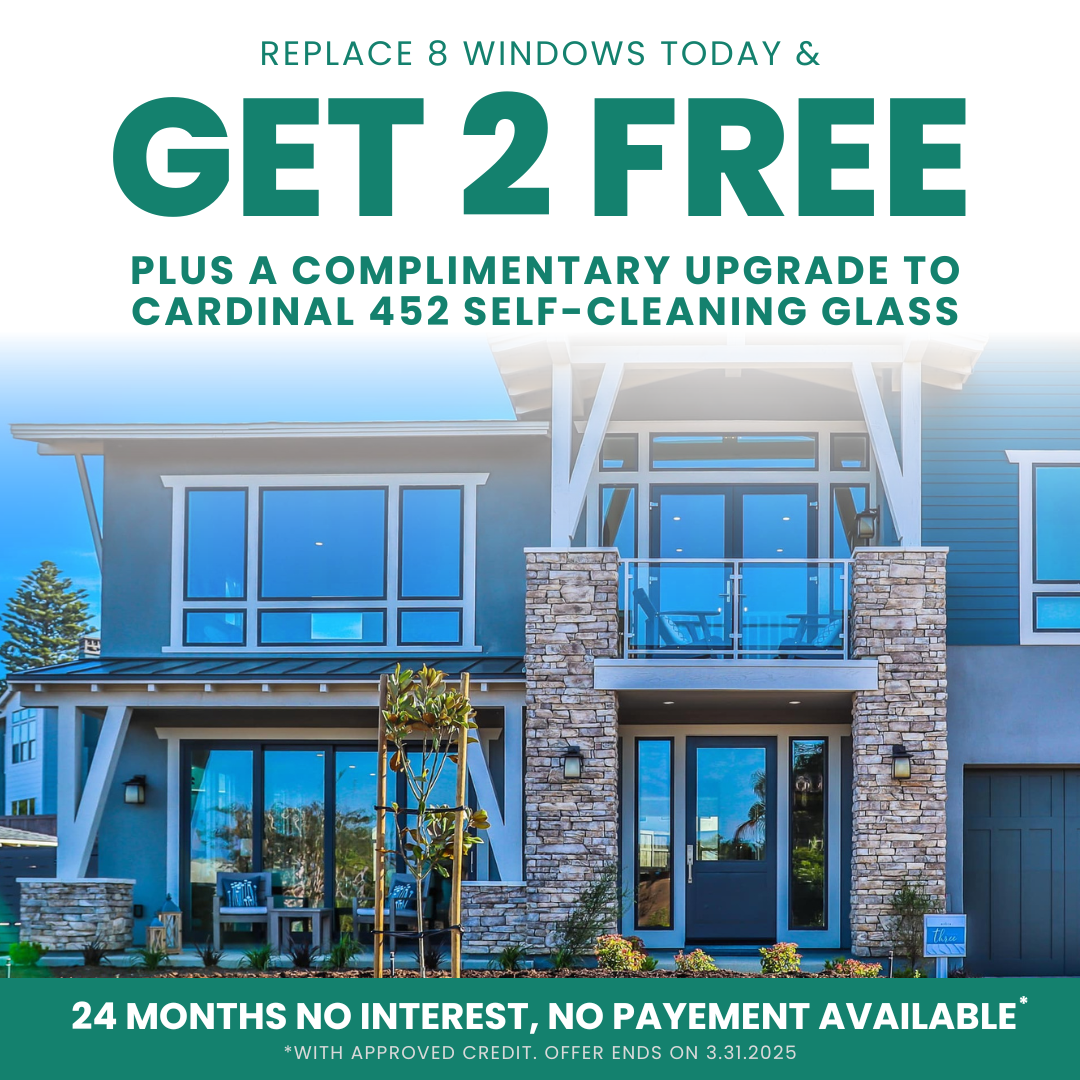 modern home with large windows; ad for vinyl window installation at 4,800 or 94/month