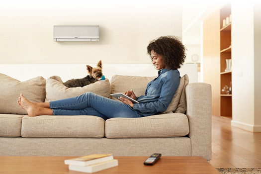 Woman with dog in living room enjoying new hvac system