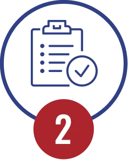 Blue clipboard icon with checkmark inside a circle, red circle with number 2 at the bottom.