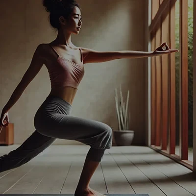 Woman practicing yoga in a lunge pose on a mat in a sunlit room with large windows.
