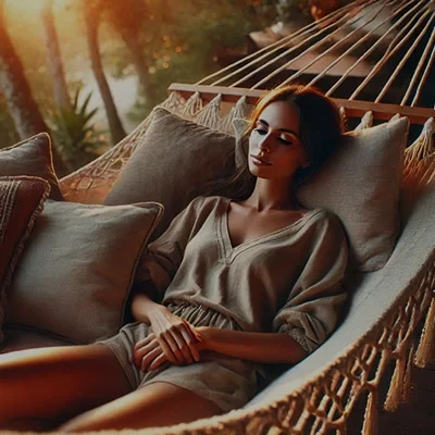 Woman relaxing on a hammock outdoors at sunset, surrounded by pillows and soft sunlight.