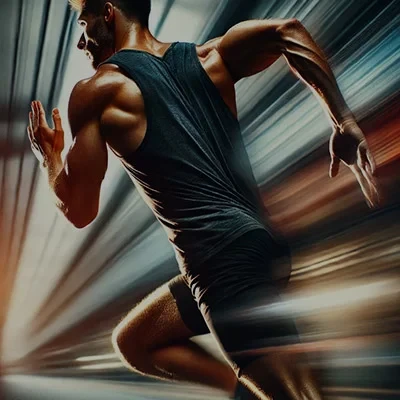 A muscular man in athletic wear sprinting, with dynamic motion blur in the background.