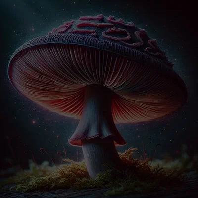 A glowing red mushroom with textured gills stands on moss in a dark, starry setting.