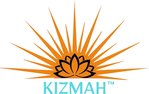 A black lotus with orange rays behind it above the turquoise text KIZMAH.