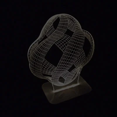 A wireframe 3D abstract sculpture on a stand, set against a dark background.