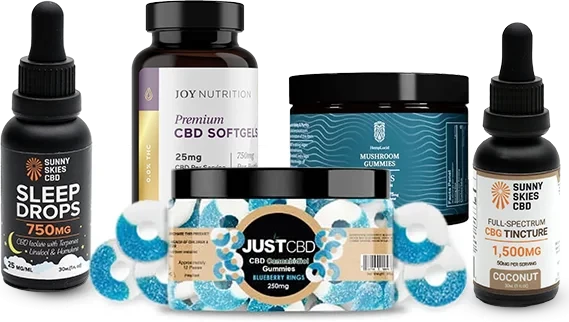 Five assorted CBD products in bottles and jars, including gummies and tinctures, on a white background.
