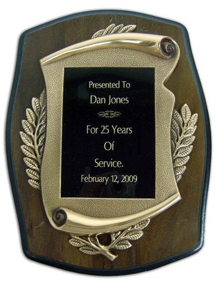 Walnut Plaque with Metal Scroll