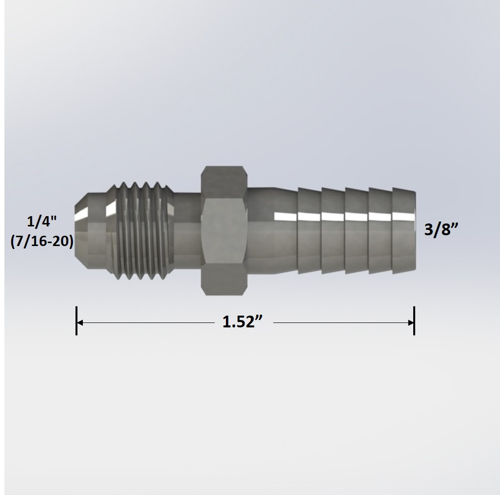 1/4″ Male Flare to 3/8″ Barb Hose Adapter - 303 Stainless Steel