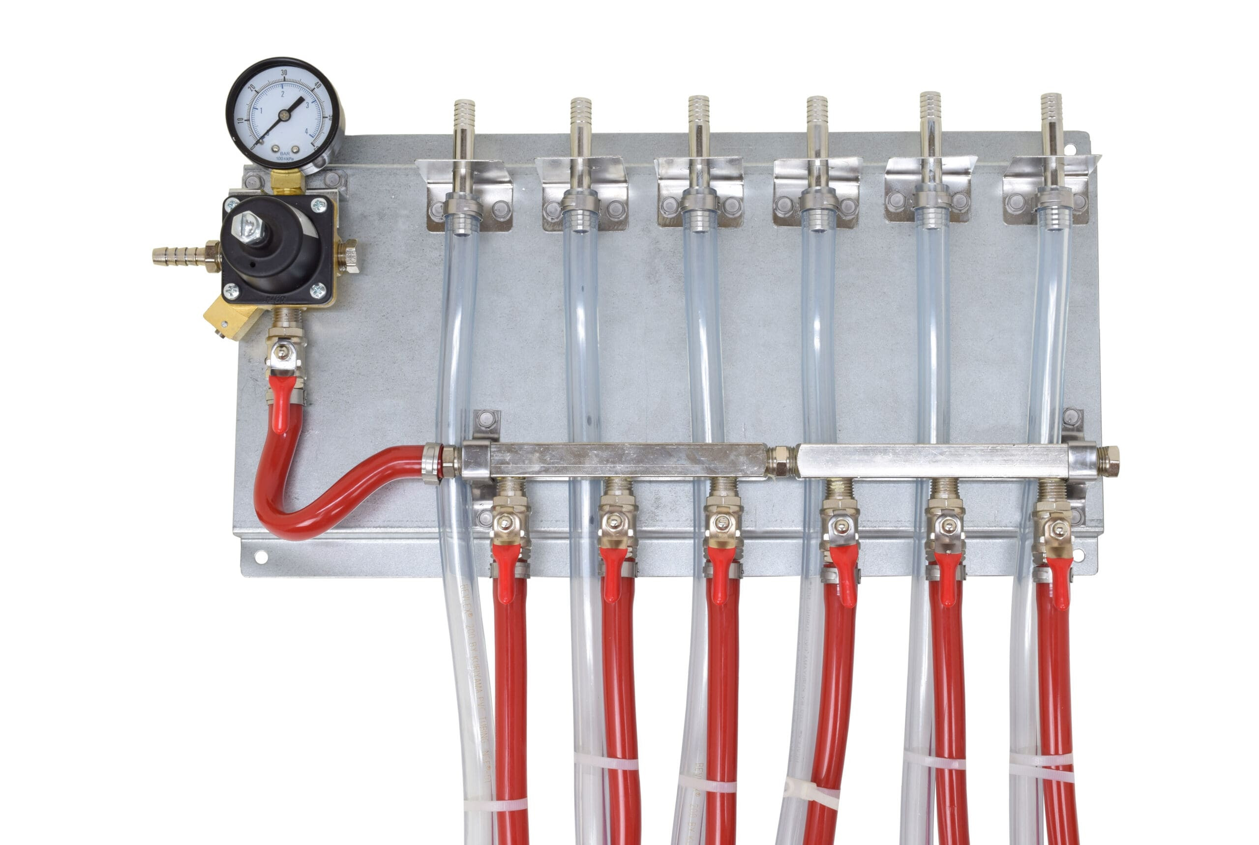Secondary Regulator Feeding a Six Way Distributor – With 8′ Hoses and Wing Nuts