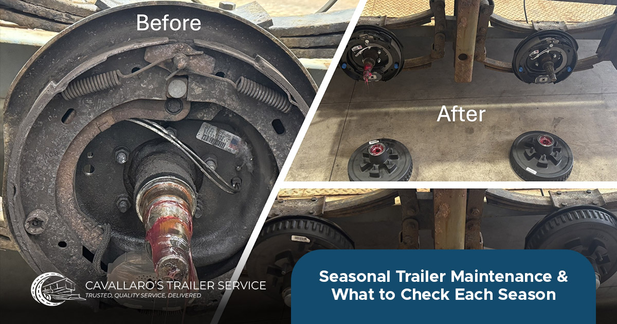 collage showing trailer brake repair: close-up before and after images with text about maintenance