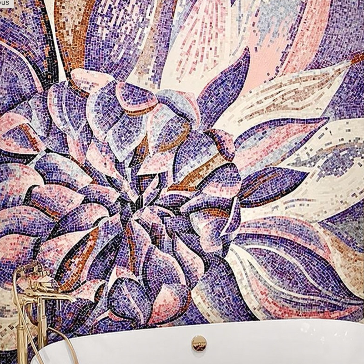 A beautiful purple mosaic on a bathroom wall.