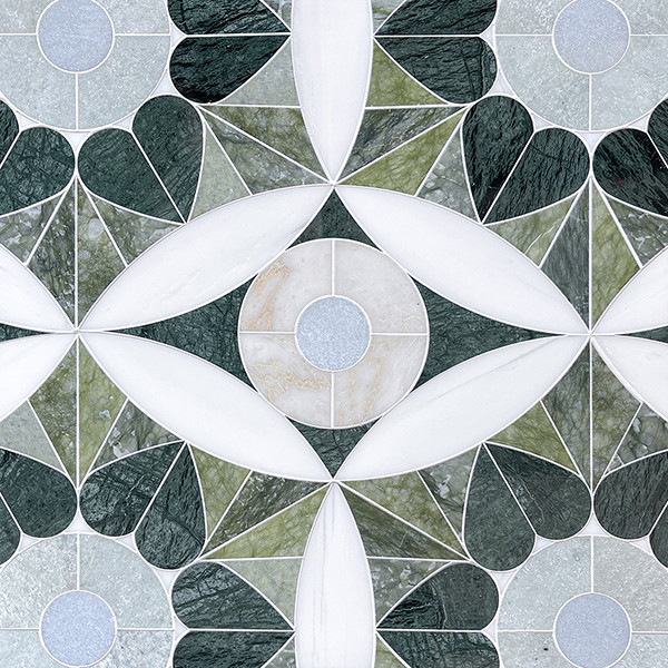 A circle and heart-patterned mosaic with black and green colors.