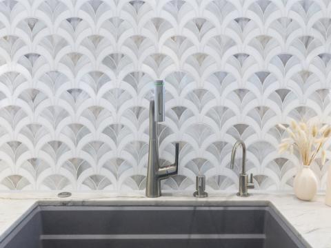 Oceanside Pompeii Luxury Water-Jet Cut Luxury Art Glass in Shoreline (Bright White, Rain Cloud, Enigma Matte)