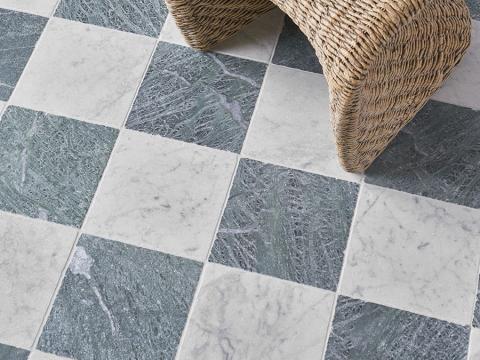 AKDO 10" x 10" Checkerboard in Carrara & Moss Green (Tumbled)