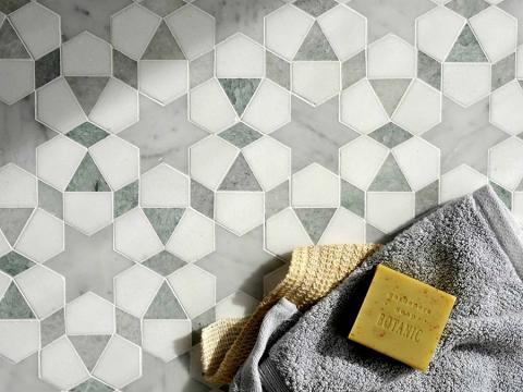 New Ravenna Medina Waterjet Mosaic in Polished Ming Green, Carrara and Honed Thassos