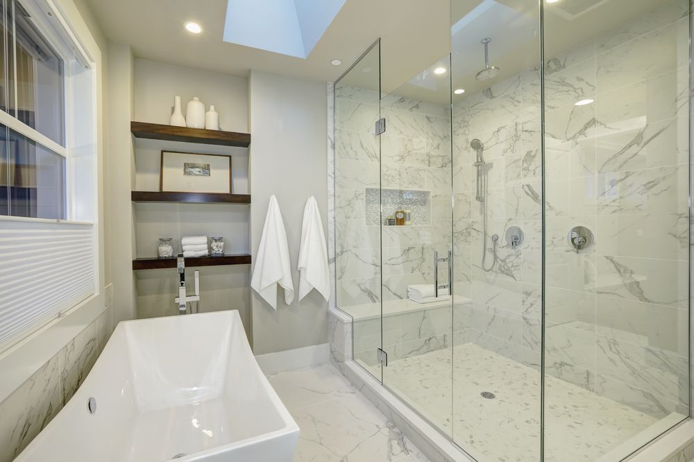 marble tiles in bathroom floor and shower