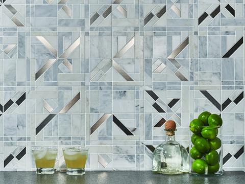 AKDO Architetto Angolo Carrara Bella (H) Mosaic featuring Stainless Steel Metal Accents