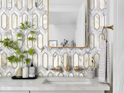 Elon Calacatta Gold with Gold Aluminum Picket Mosaic Polished