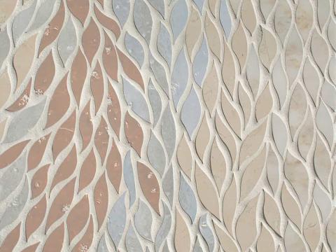 New Ravenna Cascade Stone Waterjet Mosaic in Primrose and Moonflower Glazed Basalto with Polished Rosa Pearl and Calacatta Monet