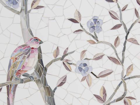 New Ravenna Chinoiserie Hand-Cut Glass Mosaic in Desert Rose Quartz with White Sea Glass