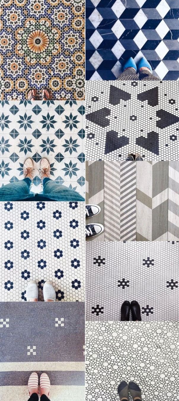 A collage of shoes on various patterned tile floors, each with unique geometric designs.