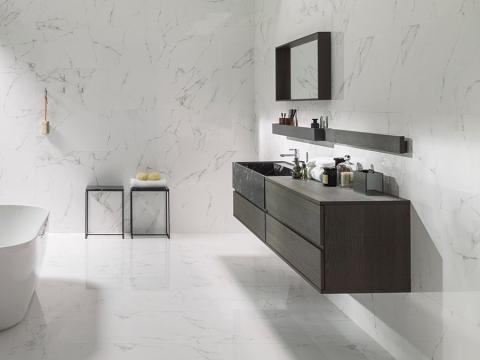 Porcelanosa Marmol Carrara Blanco 33" x 59" Tile with a Gloss Finish and a Marble Effect