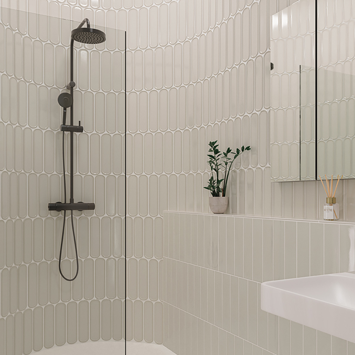 tan beige rounded rectangle tile shower