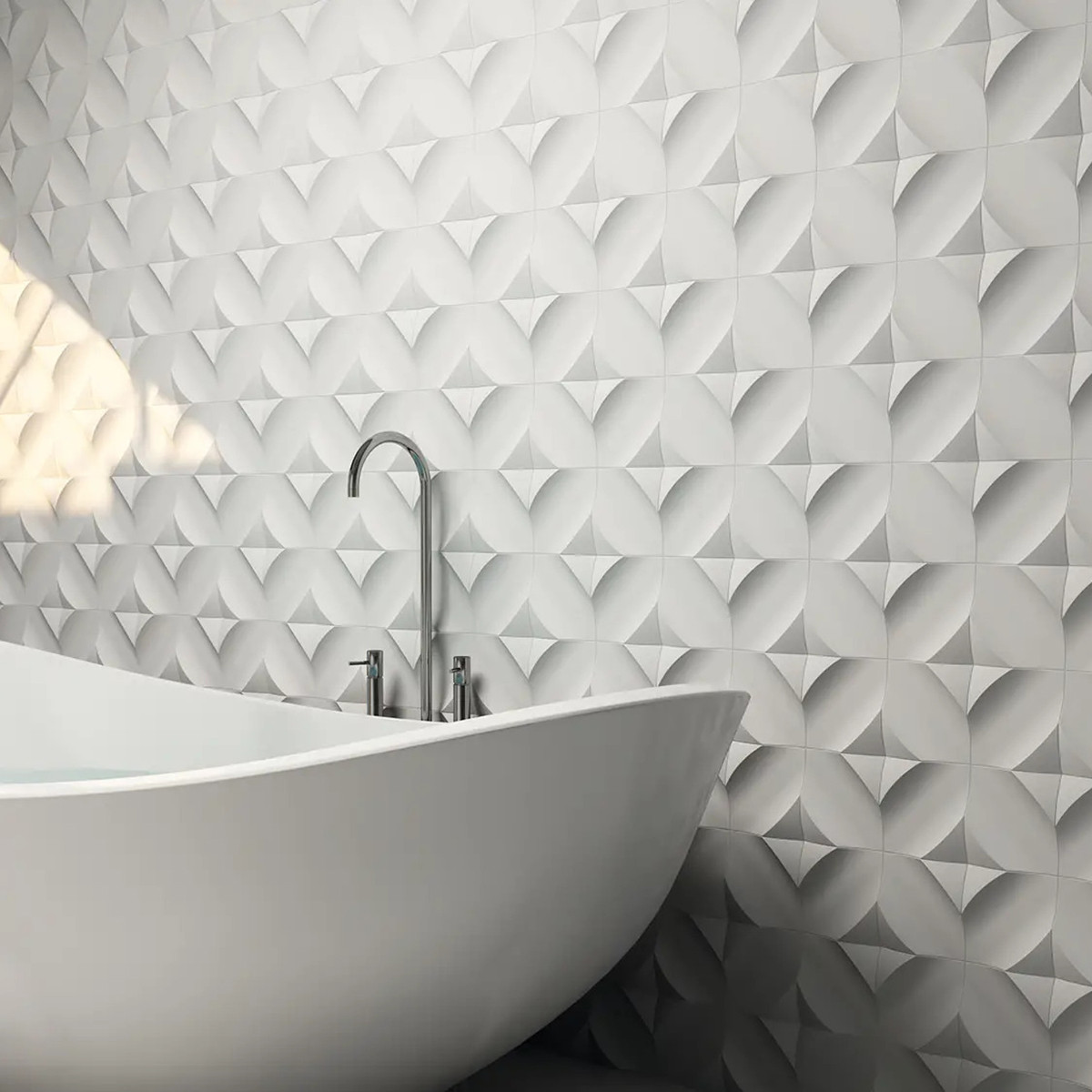 white wave tile wall soak bathtub