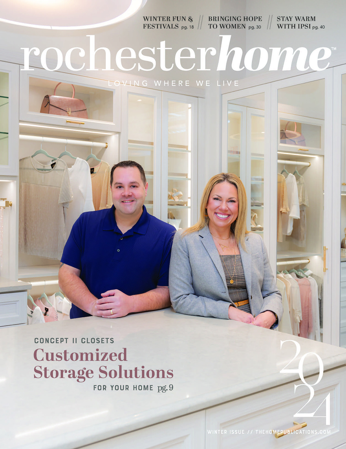 A man and woman smile in a bright, modern walk-in closet showroom on a magazine cover.