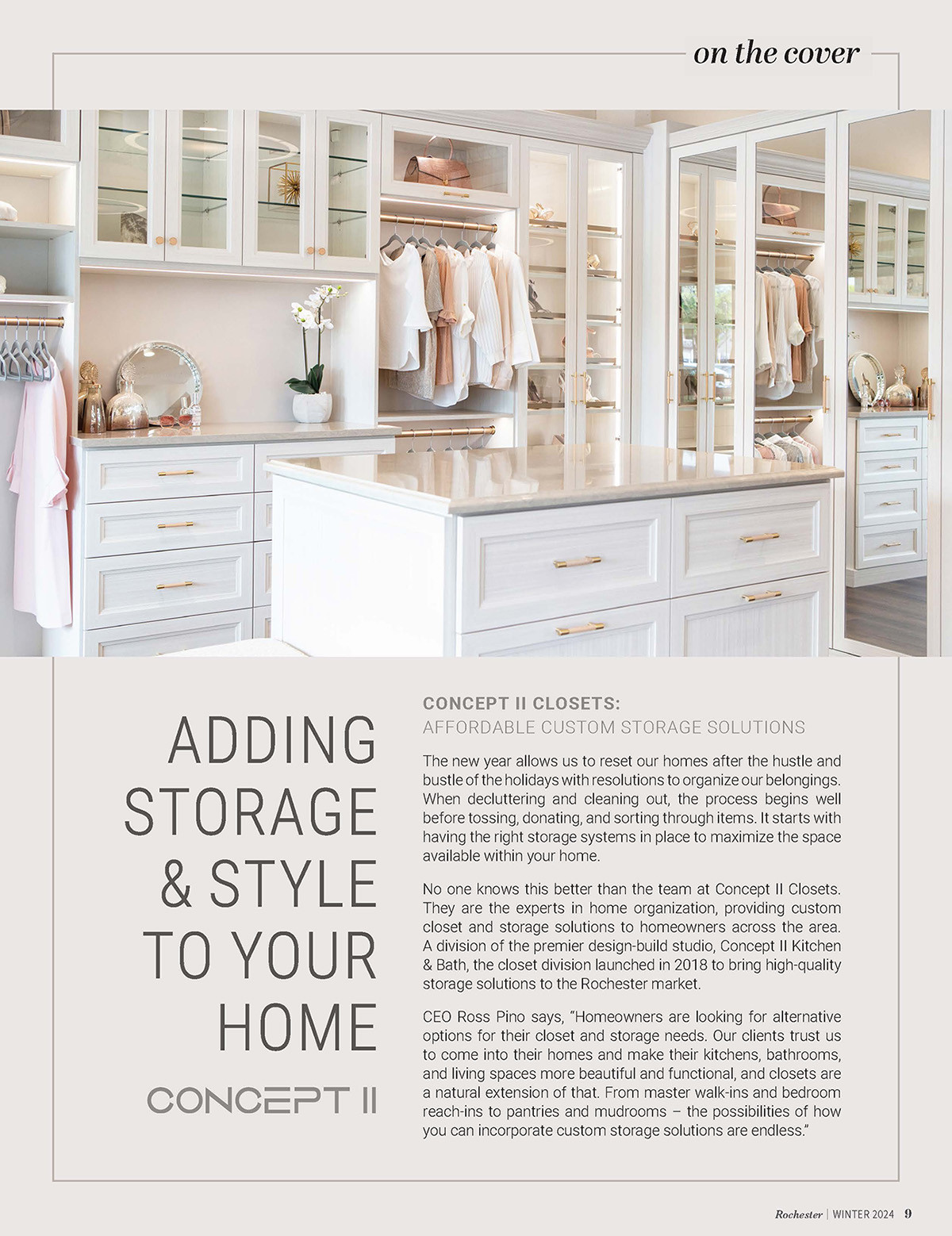 Walk-in closet with white shelves, drawers, and hanging space, neatly organized with clothes.