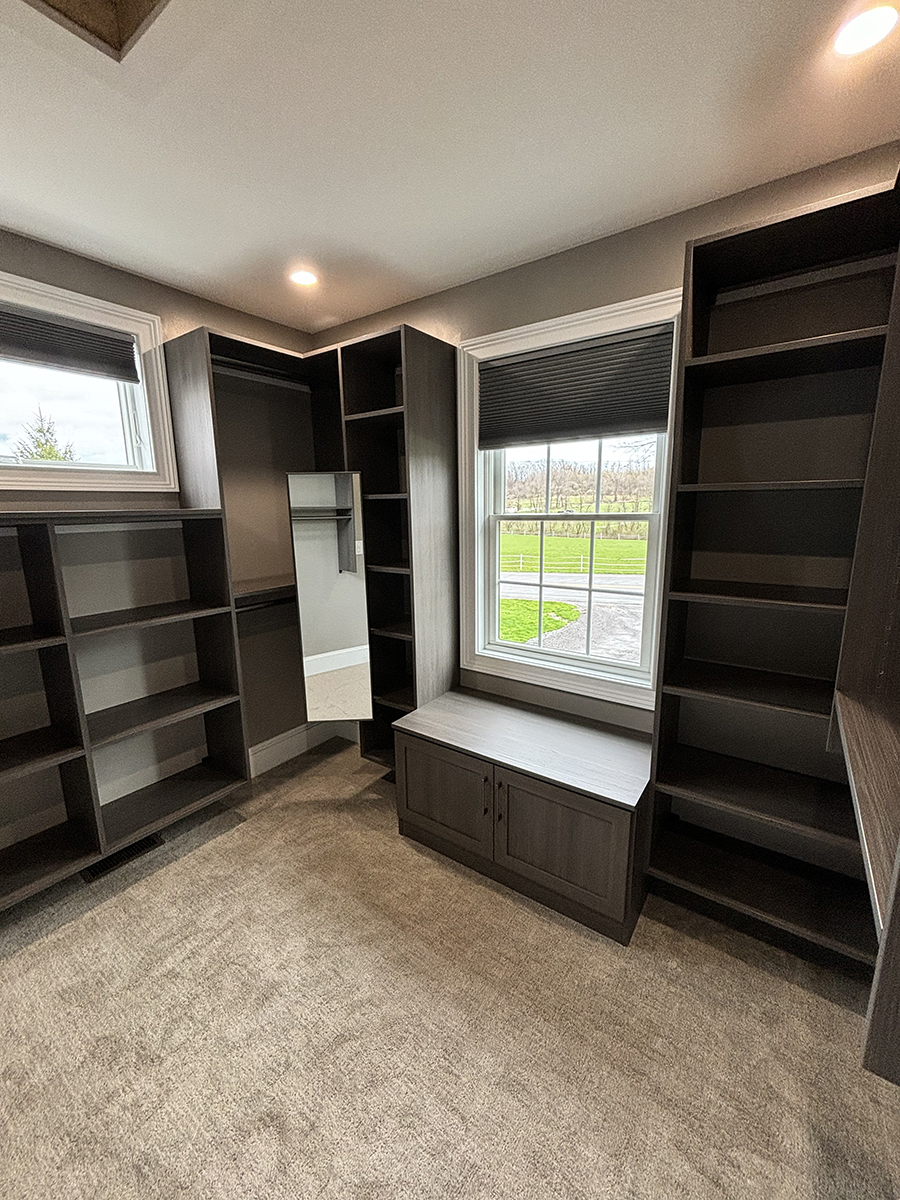 Modern walk-in closet with dark shelves, gray carpet, and large windows letting in natural light.