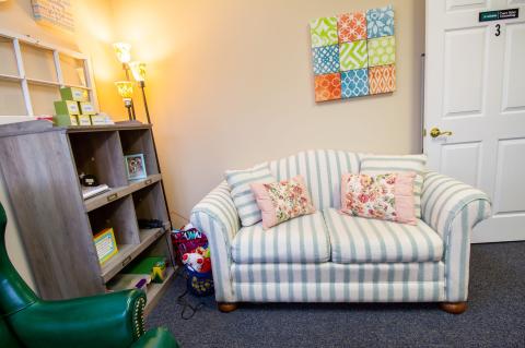 A striped loveseat with floral pillows sits in a cozy, well-lit office with shelves and decor.