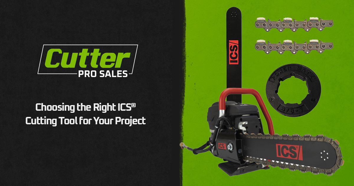 Chainsaw and parts beside text: Choosing the Right ICS® Cutting Tool for Your Project.