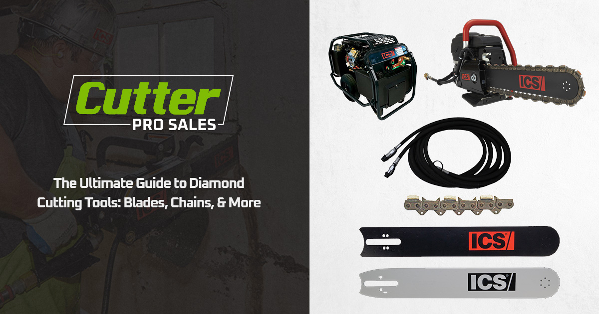 Display of ICS diamond cutting tools, including chainsaw, blades, chain, and power pack.