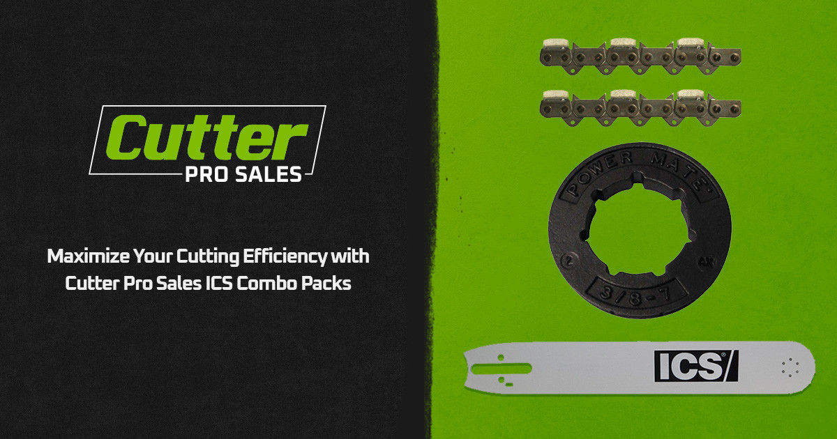 ICS chainsaw combo pack with chain, sprocket, and guide bar on a green and black background.
