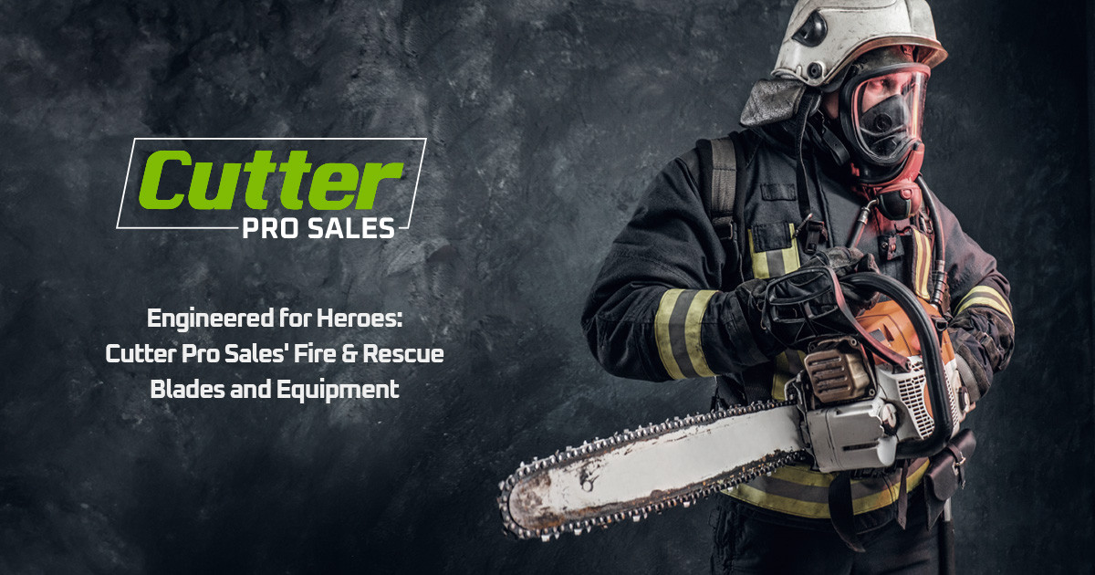 Firefighter in full gear holding a chainsaw, promoting Cutter Pro Sales fire and rescue equipment.